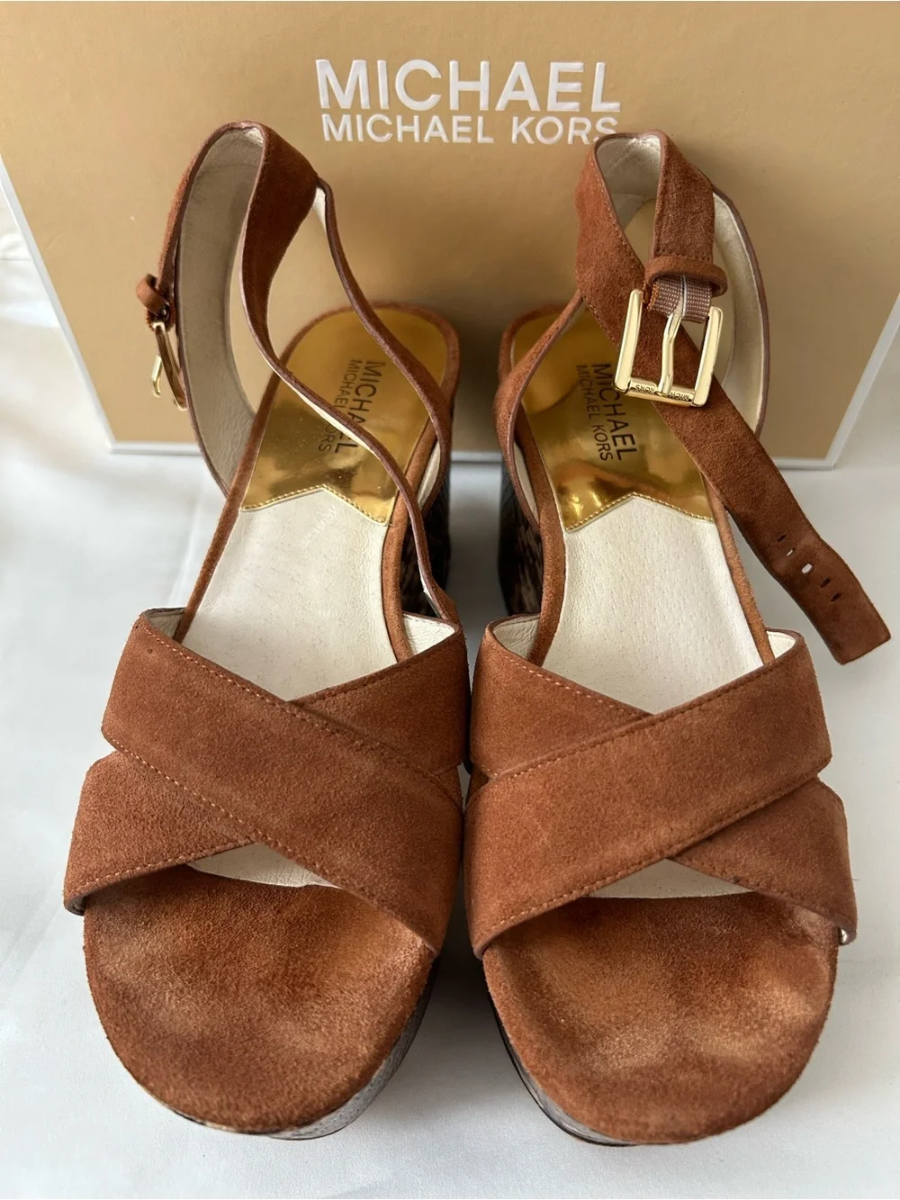 🤎Michael Kors🤎Brown Suede w/Python Print ~ Crisscross Wedge Flatform Sandals EUC